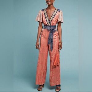 Anthropologie Coral and Navy Metallic Jumpsuit
